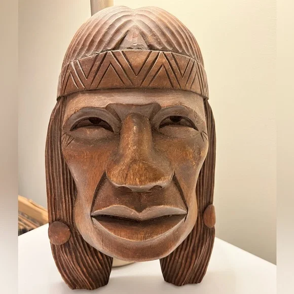 Vintage Hand Carved Wood Native American Indian Head Wall sculpture - Picture 3 of 12